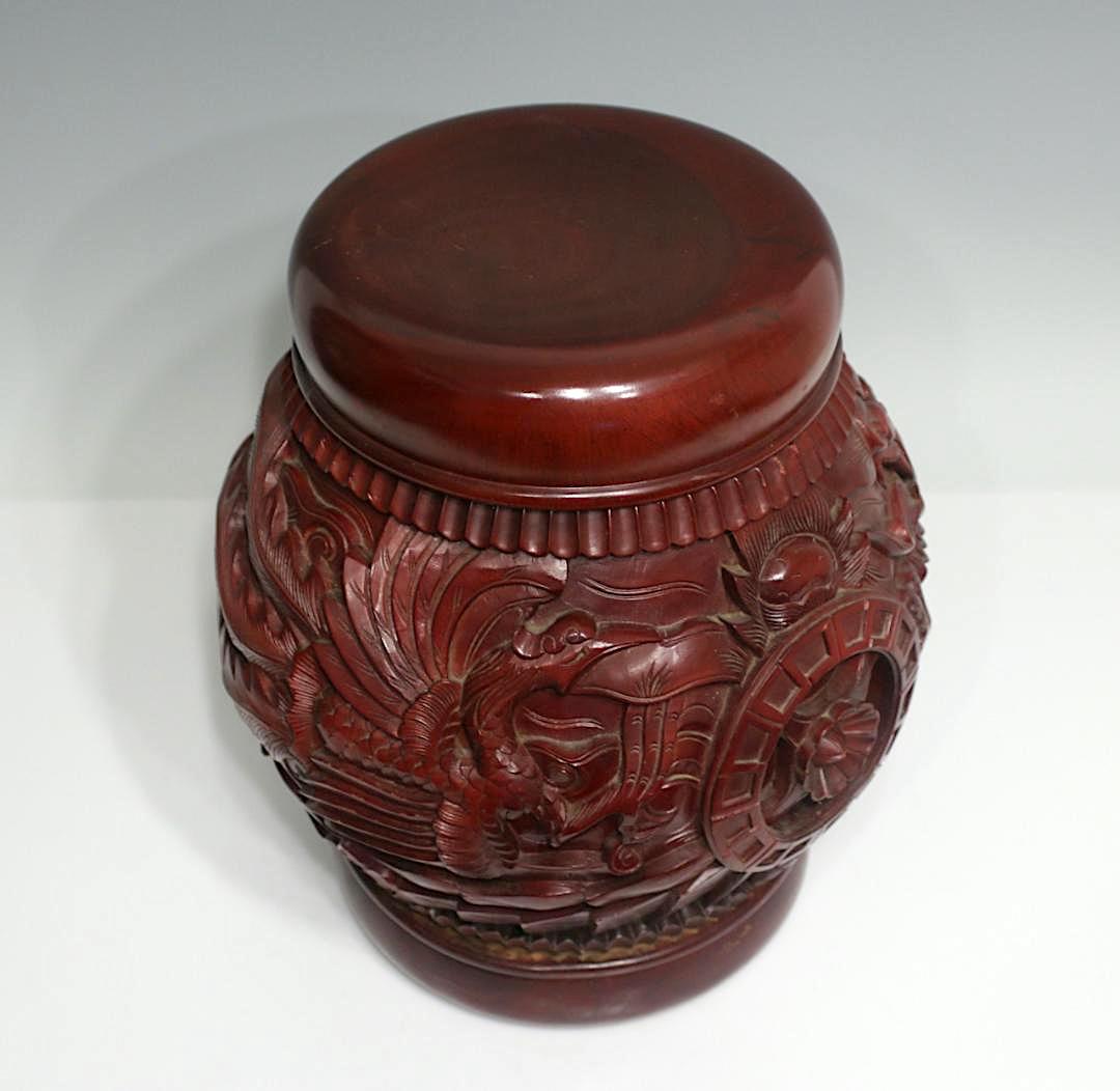 Chinese Red Lacquer Wood Rice Storage Barrels Containers / Dragon Stools With Phoenix, 5 Available