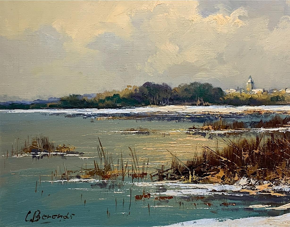 The Dutch Windmill, a Fine Winter Landscape Oil Painting by L. Berends, Framed