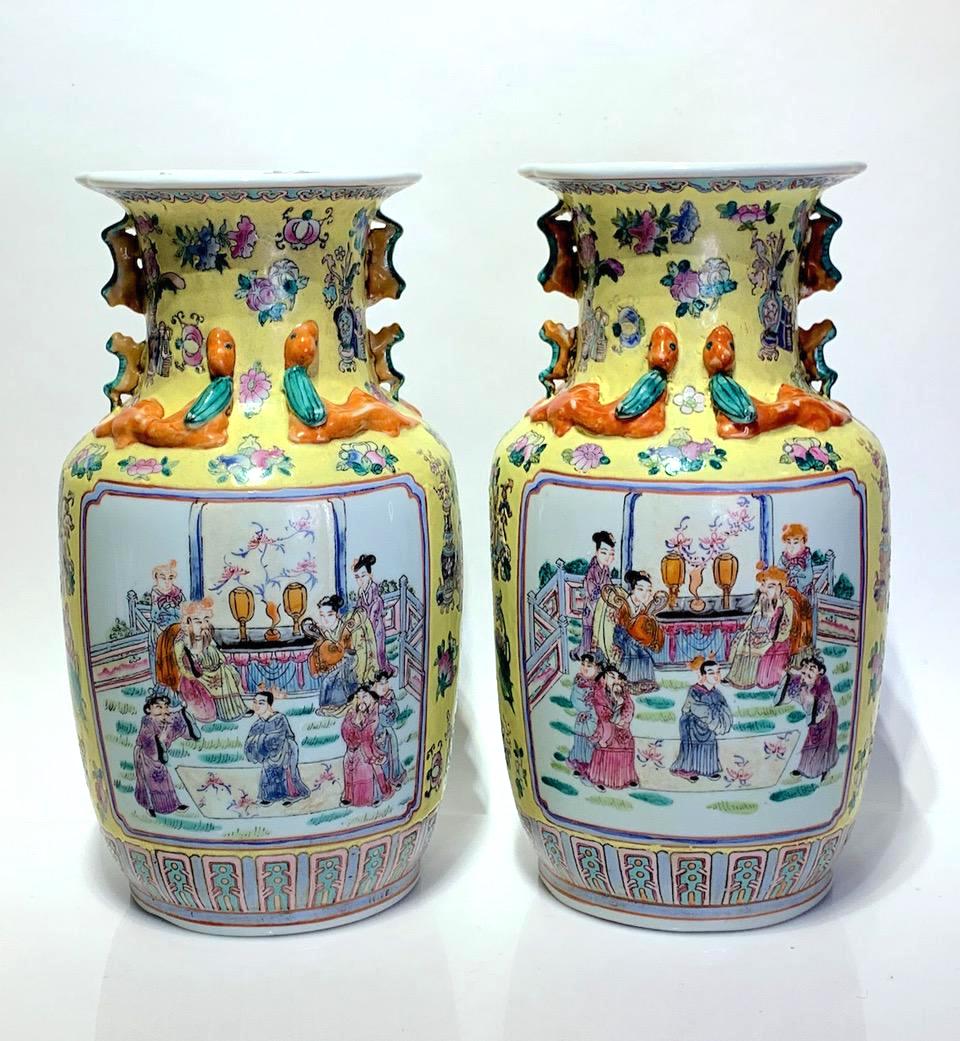 Vintage Chinese Porcelain Famille Jaune Vases With Foo Dogs & Chimera, a Pair