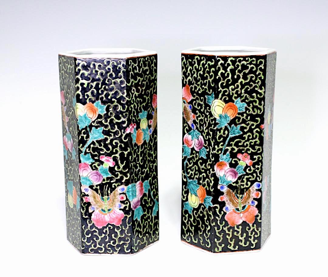 Vintage Chinese Porcelain Hexagonal Famille Noire Black Vases / Hat Stands, Macau, China, a Pair