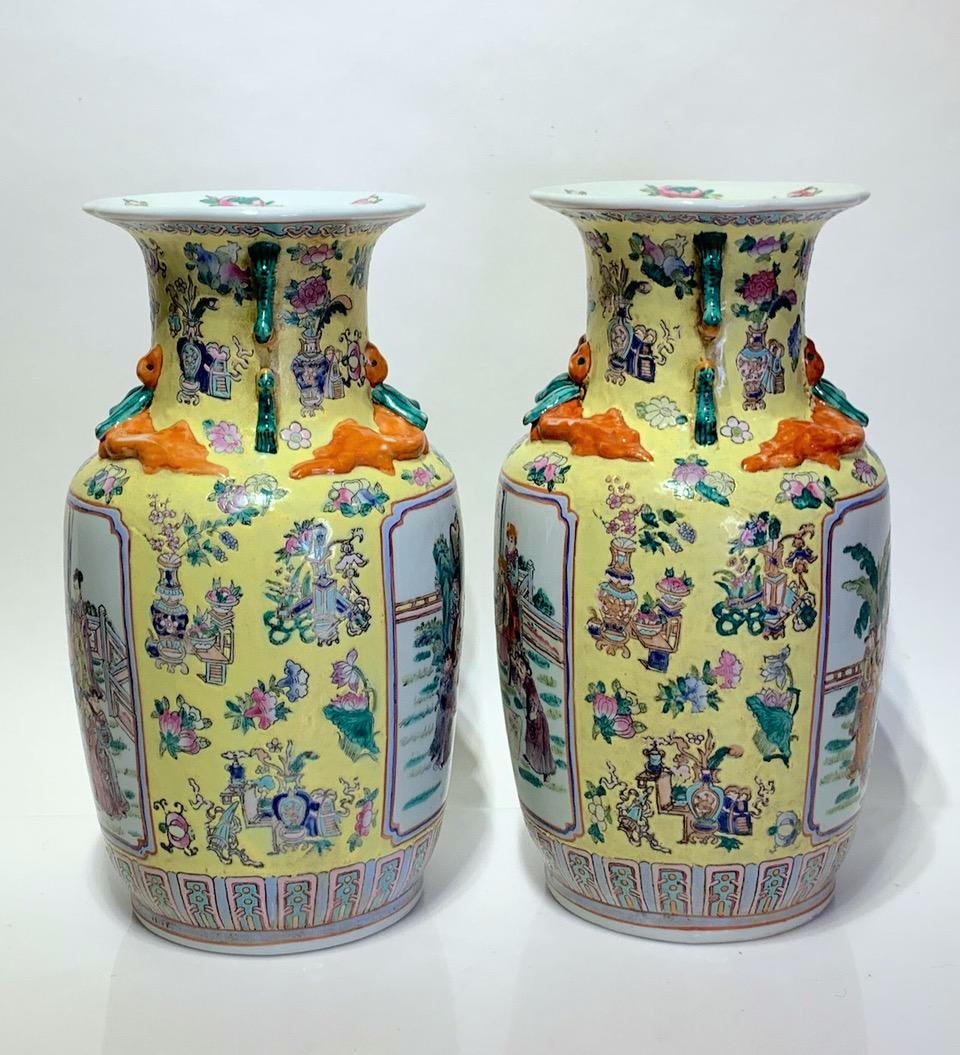 Vintage Chinese Porcelain Famille Jaune Vases With Foo Dogs & Chimera, a Pair