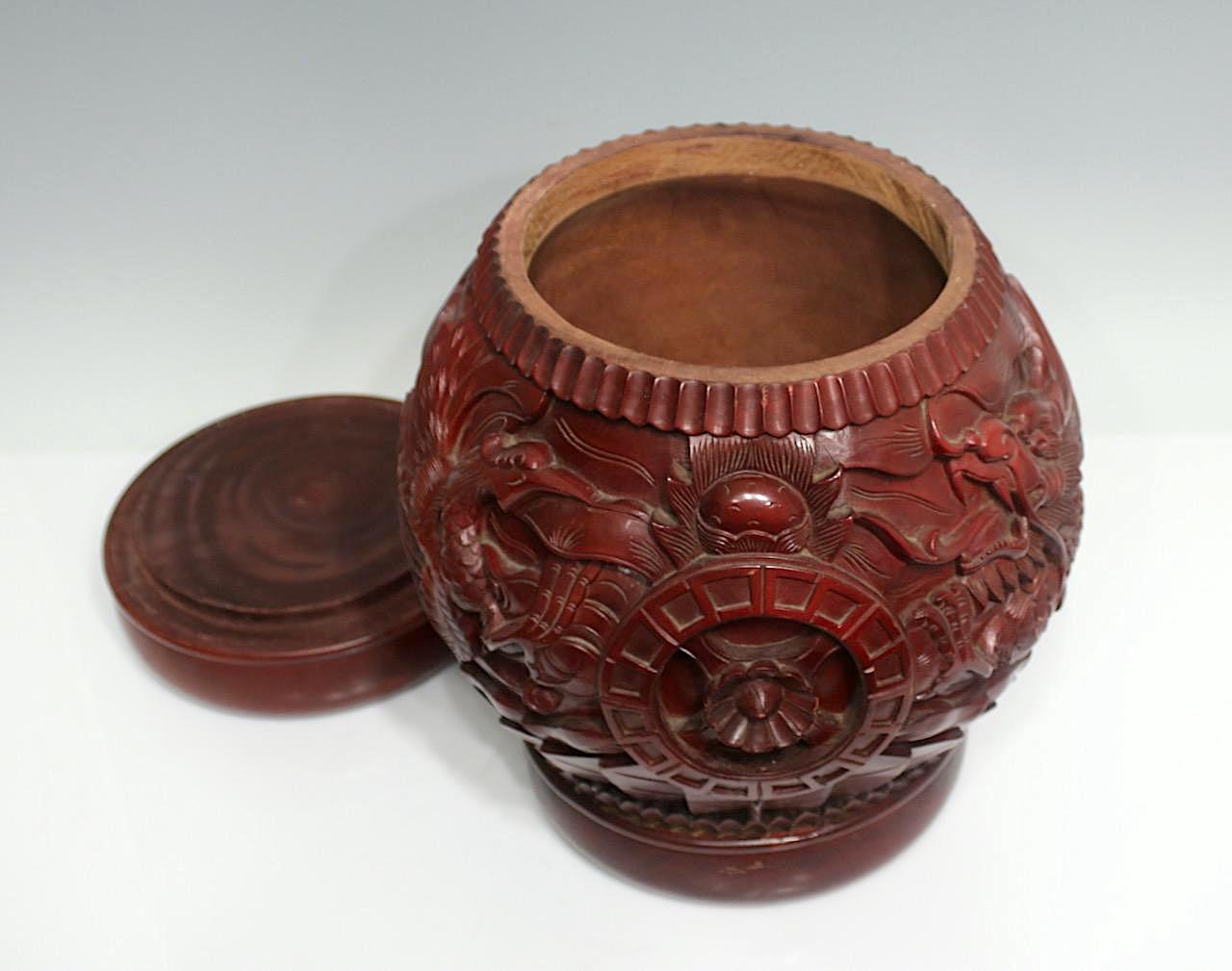 Chinese Red Lacquer Wood Rice Storage Barrels Containers / Dragon Stools With Phoenix, 5 Available