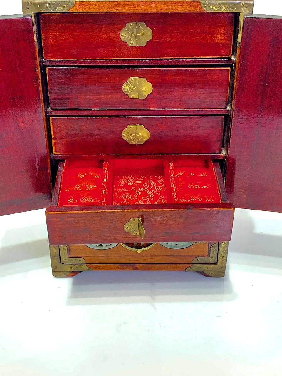 Wonderful Older Chinese Wood Brass & Hand Carved Jade Jewelry Box w/Brass Bats Silk Lined Drawers newest #2