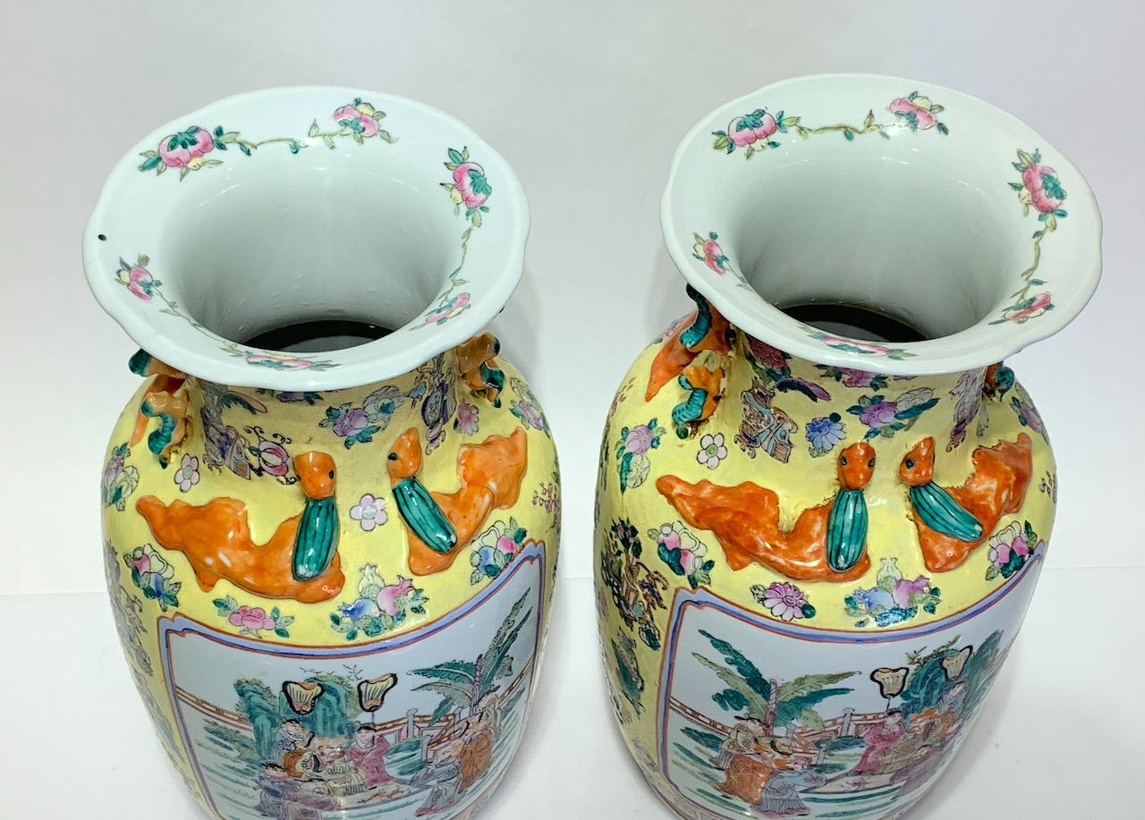 Vintage Chinese Porcelain Famille Jaune Vases With Foo Dogs & Chimera, a Pair