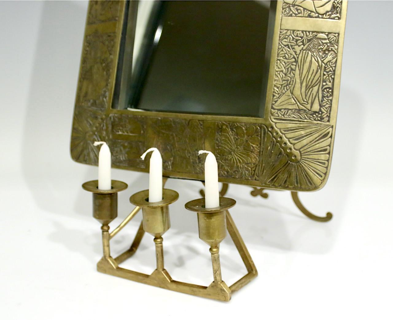 Antique Bronze Frame Dresser Mirror With Candle Holders in the Manner of Tiffany