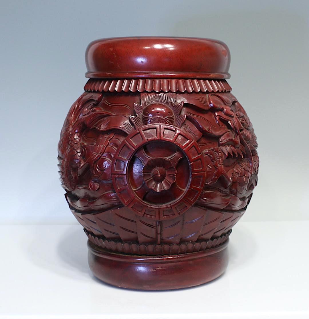 Chinese Red Lacquer Wood Rice Storage Barrels Containers / Dragon Stools With Phoenix, 5 Available