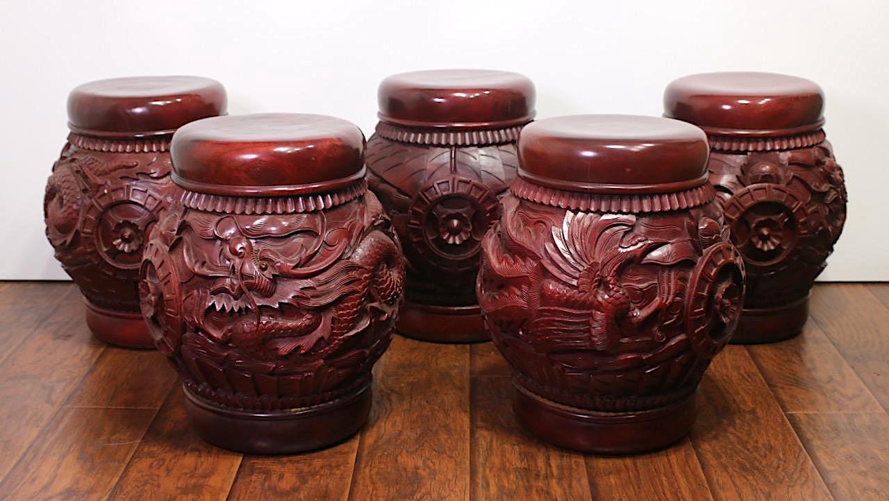 Chinese Red Lacquer Wood Rice Storage Barrels Containers / Dragon Stools With Phoenix, 5 Available