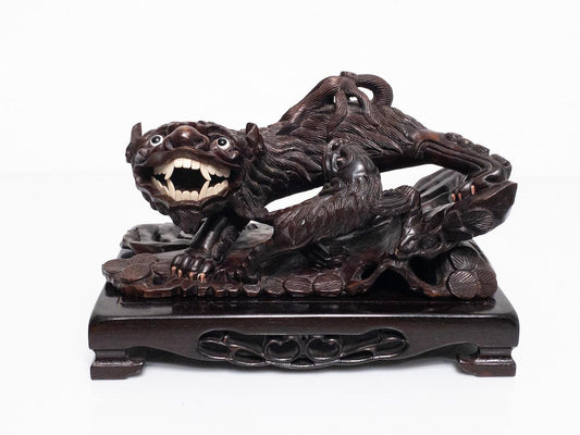 Antique Japanese Carved Rosewood Okimono Figure of Shishi, (Foo Dog) Meiji Period