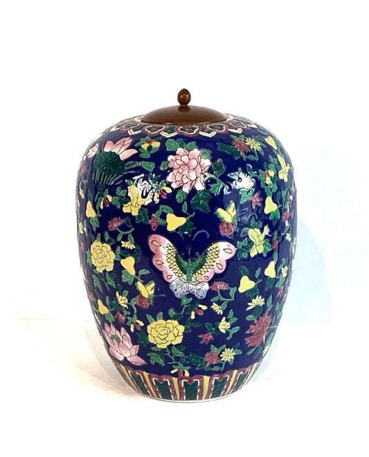 Vintage Dark Blue Chinese Ginger Jar With Multi Coloured Butterflies, Moths & Flowers